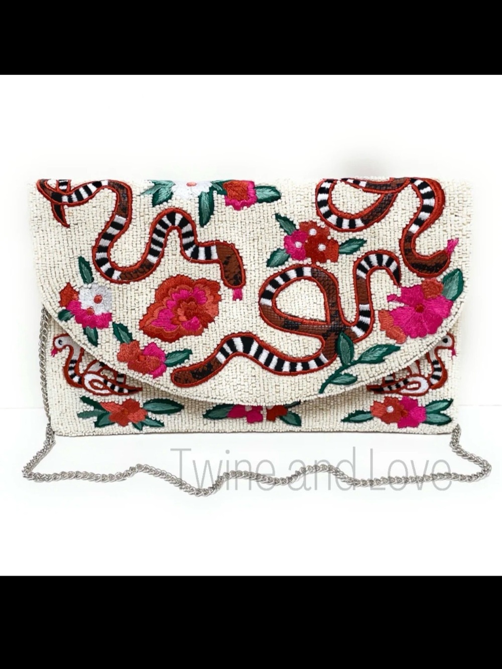 Ivory Beaded Floral & Snake Embroidered Clutch